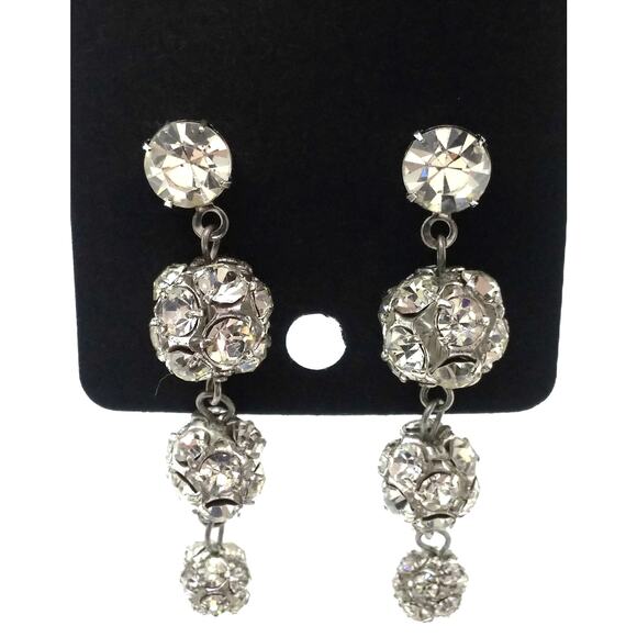Vintage Disco Ball Earrings Pierced Stud Sparkle Crystal Clear Rhinestone Dangle - Picture 8 of 10